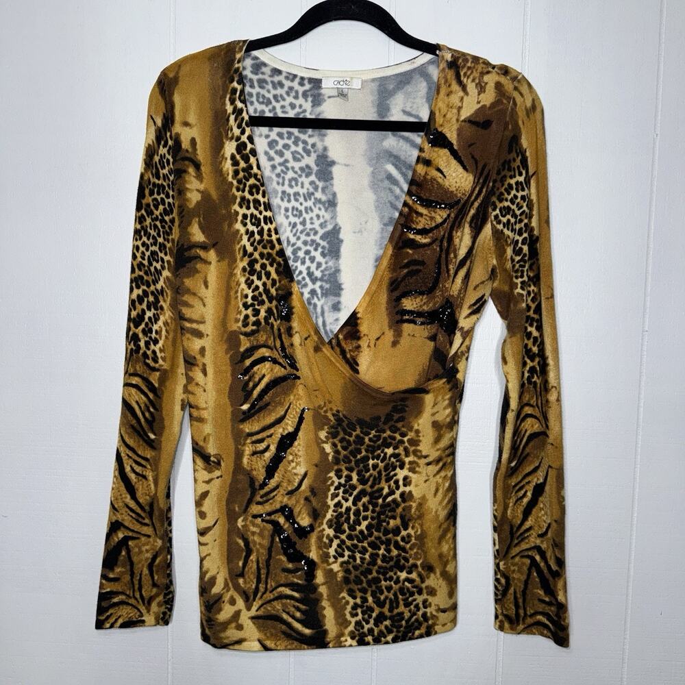 Cache Women’s Y2K Animal Print Faux Wrap Sweater V Neck Size L